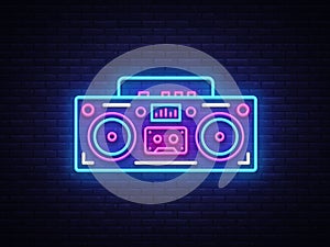 Tape recorder neon signboard vector. Retro Music neon glowing symbol, Retro Style 80-90s Light Banner, neon icon, design photo