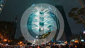 Taipei City Night landscape and Taipei 101 skyscraper is lit up by fireworks.