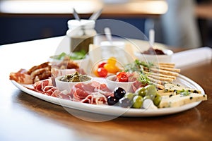 tapenade appetizer platter, cheese and meat accompaniments