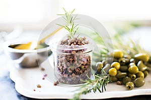 tapenade in glass jar with olive branch beside it