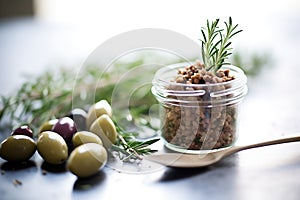 tapenade in glass jar with olive branch beside it