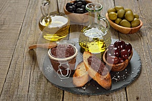 Tapenade, olives and olive oil