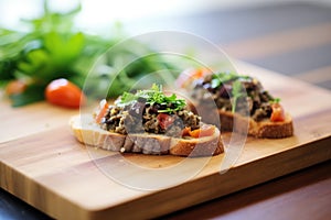 tapenade spread on crostinis on rustic wooden board