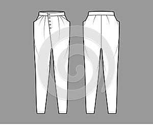 Tapered Baggy pants technical fashion illustration with low waist, rise, slash pockets, draping front, full lengths Flat