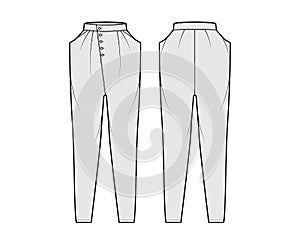 Tapered Baggy pants technical fashion illustration with normal waist, high rise, slash pockets, draping, full lengths