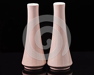 Tapered cylindrical light brown salt and papper shakers