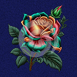 Tapestry colorful 3d roses flowers, buds, leaves denim seamless pattern. Embroidery floral vector illustration with silk stitch