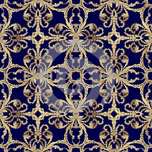 Tapestry floral seamless pattern. Blue ornamental textured background. Repeat vector backdrop. Gold embroidered Baroque Damask