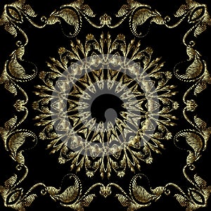 Tapestry gold 3d floral vector mandalas pattern. Leafy textured square frame. Grunge ornamental surface background