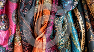 A tapestry of richly hued silk scarves with intricate designs that mesmerize the eye photo