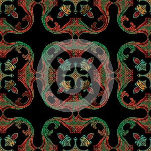 Tapestry seamless pattern. Ethnic textured ornamental vector background. Colorful floral stitching ornament. Embroidered design.