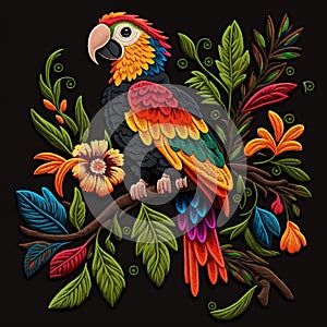 Tapestry textured bright parrot on the branch. Floral embroidery pattern background illustration. Stitch lines embroidered