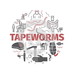 Tapeworms. Symptoms, Treatment. Line icons set. Vector signs for web graphics.