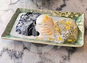Tapioca pearl pudding with a dash of coconut milk, green sago coconut milk in green dish with yellow sweet corn and ice-cream.