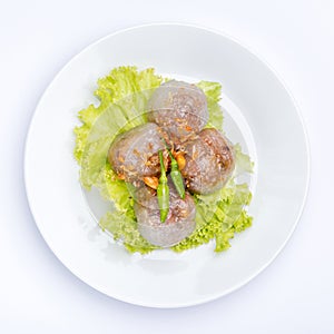 Tapioca sago balls with pork filling served with vegetable and c