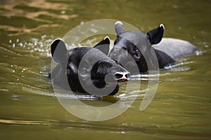 Tapir swimming on the water in the wildlife sanctuary / Tapirus terrestris or Malayan Tapirus Indicus