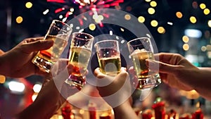 Tapping champagne glasses against the night sky with fireworks flashes on New Year's Eve. A short video of colorful New Y