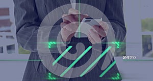 Tapping lady in pinstripe suit interacting with AR code 2470 visuals in office, on white smartphone