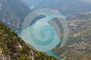 Tara National Park, Serbia. Viewpoint Banjska Stena. View at Drina river canyon and lake Perucac. Focus on the lake and canyon