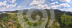 Panorama of mountain landscape. National park Tara, Zaovine lake and village, Serbia