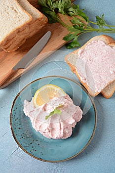 Taramosalata Greek spread Paste pate made of ground fish, shrimps, and caviar, served with lemon. photo