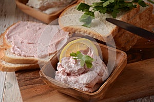 Taramosalata Greek spread Paste pate made of ground fish, shrimps, and caviar, served with lemon. photo