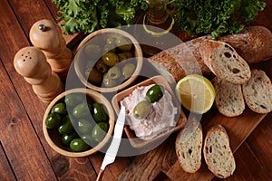 Taramosalata Greek spread Paste pate made of ground fish, shrimps, and caviar, served with lemon. photo