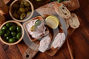 Taramosalata Greek spread Paste pate made of ground fish, shrimps, and caviar, served with lemon. photo