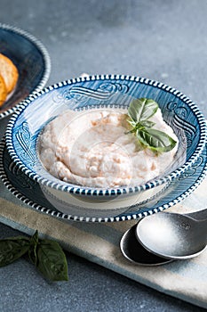 Taramosalata Greek spread Paste (pate) made of ground fish, photo