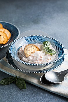 Taramosalata Greek spread Paste (pate) made of ground fish, photo