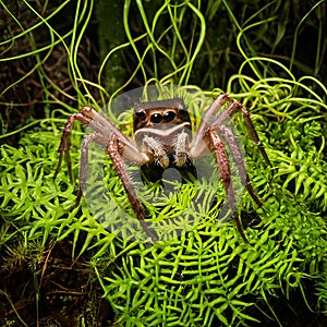 Tarantula closeup navigating through a dense jungle of exotic carnivorous plants their colorful traps poised to snap shut photo