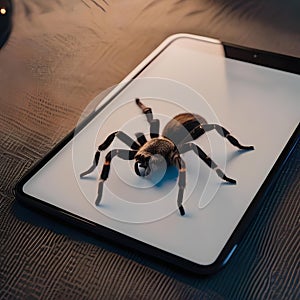 A tarantula crawling on a tablet, scrolling through a spider-themed web browser3