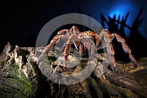 a tarantula crawling on a tree stump at night