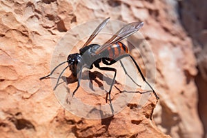 tarantula hawk wasp perched on a desert rock