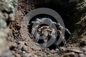 tarantula lurking at the dark entrance of its burrow