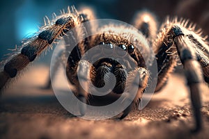 Tarantula spider close up in terrarium. Home pet enclosure creepy brown exotic dangerous predator zoology object macro photo