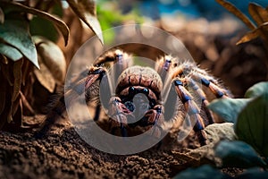 Tarantula spider close up in terrarium. Home pet enclosure creepy brown exotic dangerous predator zoology object macro photo