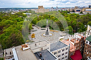 Taras Shevchenko monument at Sumskaya street in Kharkov, aerial view