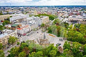 Taras Shevchenko monument at Sumskaya street in Kharkov, aerial view