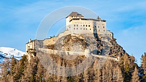 Tarasp Castle - fortified mountain castle in Swiss Alps, Engadin, Switzerland