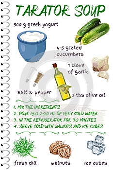 Tarator soup - poster with illustrated ingredients and recipe of Bulgarian yogurt soup
