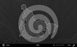 Tarbes highlighted, France. Grayscale photo