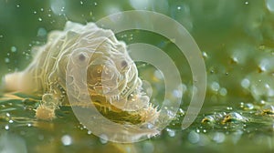 A of tardigrades is shown in a microscopic image floating in a pool of water. Despite the seemingly inhospitable photo