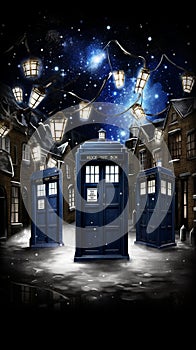 TARDIS, from Doctor Who, time machine, blue police phone call box, burning night, Generative AI