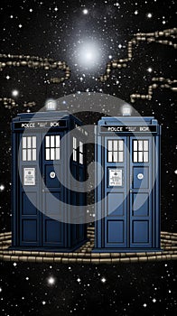 TARDIS, from Doctor Who, time machine, blue police phone call box, burning night, Generative AI