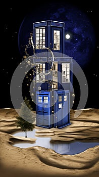 TARDIS, from Doctor Who, time machine, blue police phone call box, burning night, Generative AI