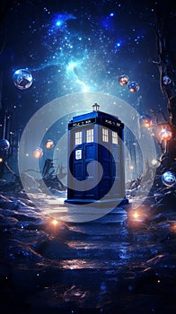 TARDIS, from Doctor Who, time machine, blue police phone call box, burning night, Generative AI