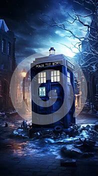 TARDIS, from Doctor Who, time machine, blue police phone call box, burning night, Generative AI