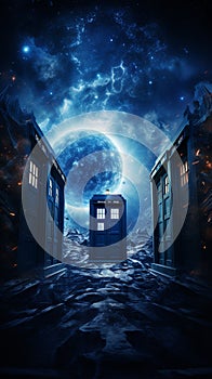 TARDIS, from Doctor Who, time-space machine, blue police phone call box, time vortex, Generative AI photo