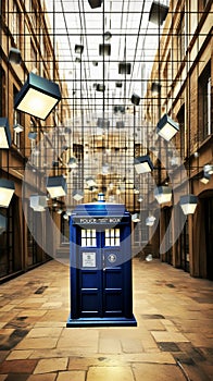 TARDIS, from Doctor Who, time-space machine, blue police phone call box, time vortex, Generative AI photo